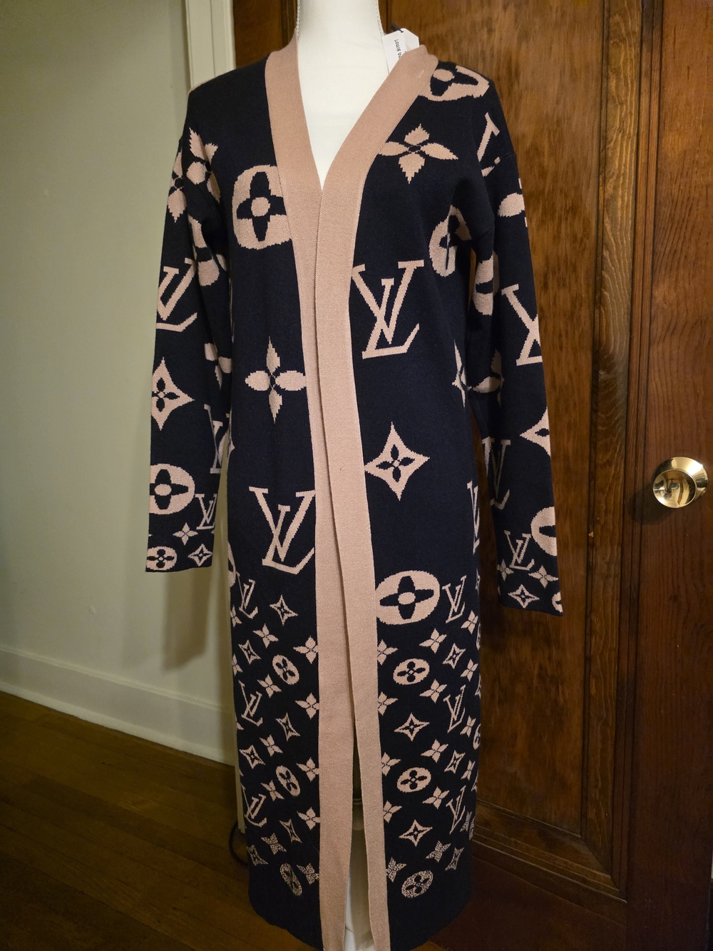Designer-Inspired Black and Blush Long Open-Front Long Cardigan
